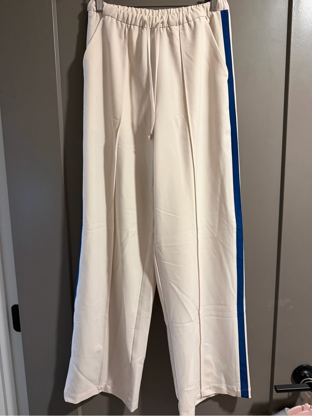 Athleta Cream Wide-Leg Pants with Blue Side Stripe